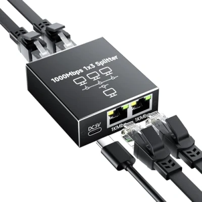 Imagen de GlasFlength Divisor LAN de 1 a 3 1000 Mbps Ethernet, conmutador 4 Puertos con Cable alimentación Tipo C Gigabit Ethernet Switch para Ordenador hubs Switches Router