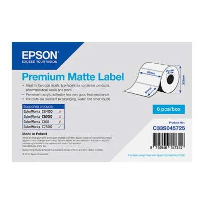 Imagen de Epson Premium Matte Label Die cut Roll: 76mm x 51mm, 2310 labels Etiquetas de impresora (2310 labels, Blanco, Mate, Inyección tinta, Acrílico, Permanente, Mate)