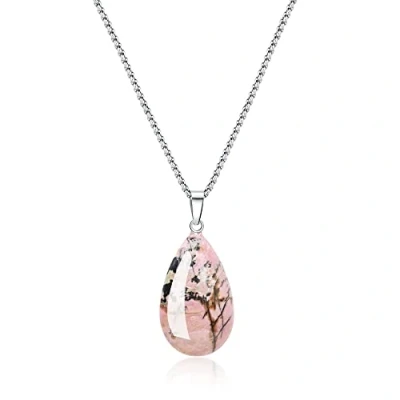 Imagen de COAI Collar para Mujer de Acero Inoxidable con Colgante Gota Agua Lágrima Rodonita Piedra Natural