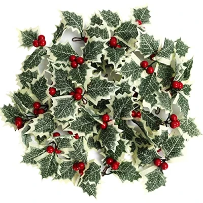Imagen de BELLE VOUS Bayas Navidad Acebo Artificial con Hojas Verdes (Pack de 30) Adornos Rojos para Decorar Fiestas Navidad/Bodas, Guirnaldas, Manualidades