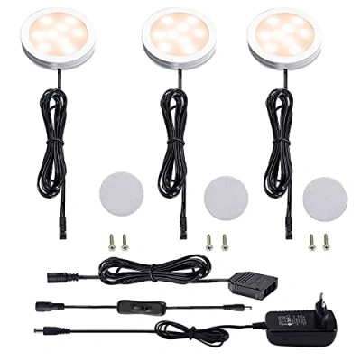Imagen de AIBOO LED Lámpara Debajo del Gabinete para Cocina, Iluminación Empotrada Ultradelgada Redonda Armario, Mostrador, Estante, 3paquetes de luces escaparate 12V 6W(Blanco Caliente2700K)