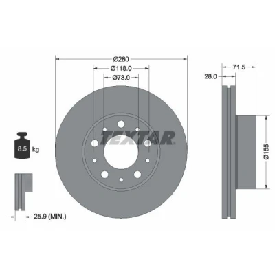 Imagen de TEXTAR PRO 92286103 Disco de freno 280 28 05/10 118 ventilación interna revestido sin perno sujeción rueda, buje rueda