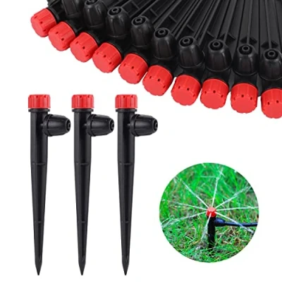 Imagen de Foco de riego por goteo ajustable 360 grados a 5 pulgadas con estaca para mangueras 1/4 pulgadas, gotero sistema jardín (50 unidades Red Drip)