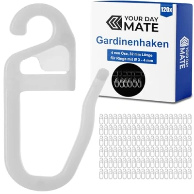 Imagen de 120 x Ganchos de Cortina con Ojales 4 mm para Anillos Hasta mm, Blanco, Barandillas y Barras Cortina, Accesorios Clip