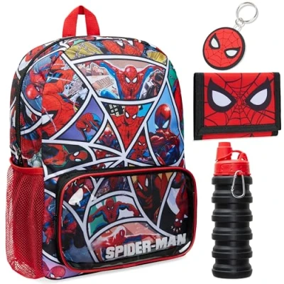 Imagen de Marvel Conjunto de Mochila Niño Escolar Spiderman 4 Piezas, Botella Agua, Billetera, Llavero Regalos para Niños