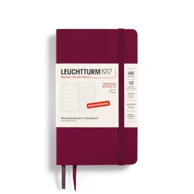 Imagen de LEUCHTTURM1917 370529 Agenda semanal y cuaderno 2025, bolsillo A6, tapa blanda, planificador de 12 meses, 80 g, a rayas, Port Red