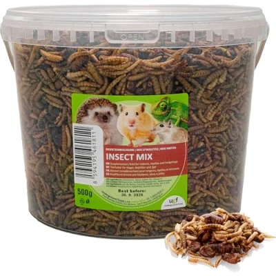 Imagen de UGF Mezcla de insectos, cubo 3 litros ≈ 500 g, alimento para erizos, jerbos, comida hámster, ratas, lagartijas, larvas mosca soldado, gusanos seda