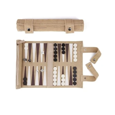 Imagen de Juego de Mesa Sondergut Backgammon 100% Cuero para enrollar Original Desde 1998 Regalo Ideal campistas y Aficionados a los Viajes 25x34cm (Beige)