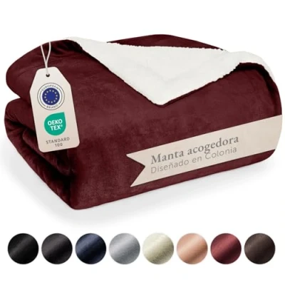 Imagen de Blumtal Mantas para Sofá Reversible de Sherpa y Franela Suave Manta Polar 100% Microfibra Extra Suave, sofá, Cama o Sala Estar, Rojo Oscuro, 230 x 270 cm