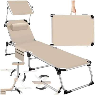Imagen de TecTake® Tumbona Jardín Exterior de Aluminio, Plegable con Reposacabezas, Parasol y Bolsillo Lateral, Playa Reclinable en 6 Posiciones, Piscina Resistente a Intemperie Beige
