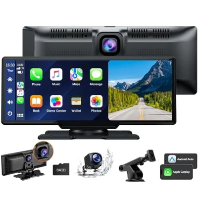 Imagen de Volam 9,26 Pulgadas Pantalla Carplay Coche con 2,5 K Cámara de Salpicadero Coche, 1080P Trasera, A pple Inalambrico Android Auto, Mirror Link, Navegación, G00gle, Siri, FM, AUX