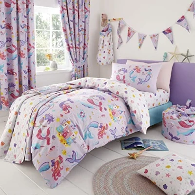 Imagen de Happy Linen Company Juego de Cama con Funda nórdica Reversible Individual para niñas y niños, Sirenas mágicas, Color Lila Morado