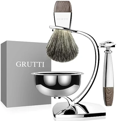 Imagen de Set di rasatura GRUTTI, GRUTTI 4 en 1 Juego de Afeitado para Barba Hombres Herramientas, Soporte afeitar seguridad+ maquinilla + cuencos jabón