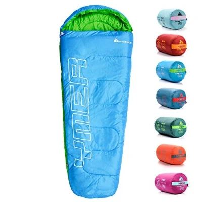 Imagen de Saco Dormir Tipo Momia con Capucha para Niños en Viaje Camping Funda vivac Festival Hotel Portátil de Compresion YMER ((130 + 25) x 60/40 cm, Azul/Verde)