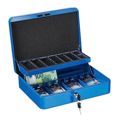 Imagen de Relaxdays Caja Dinero con Llave, Bandeja Monedas y 4 Compartimentos Billetes, Cajita Hierro, 8,5x30,5x24,5 cm, Azul