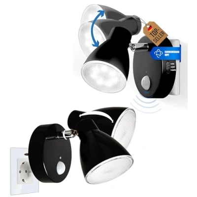 Imagen de Trango Juego de 2 luz noche con sensor LED 2635 025 *MILO* seguridad 230V movimiento y función automática en negro, lámpara pared, orientación, enchufe