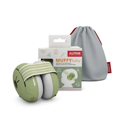 Imagen de Alpine Muffy Baby Protectores auditivos para bebés y niños pequeños hasta 36 meses Reducción de ruido Cómodas orejeras evitan daños con banda antideslizante Verde
