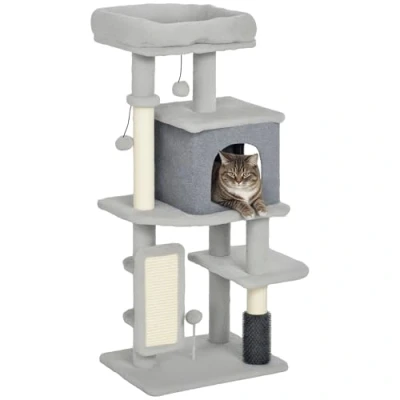 Imagen de PawHut Árbol Rascador para Gatos Altura 104 cm Torre con Plataformas Poste Cepillo Bolas Colgantes y Almohadilla Rascar Gris Claro