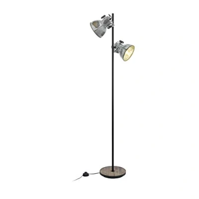 Imagen de GLO Barnstaple lámpara de pie 2 focos diseño vintage, industrial, retro, acero con aspecto zinc usado, madera, oxidado, negro, E27, incl. interruptor pedal