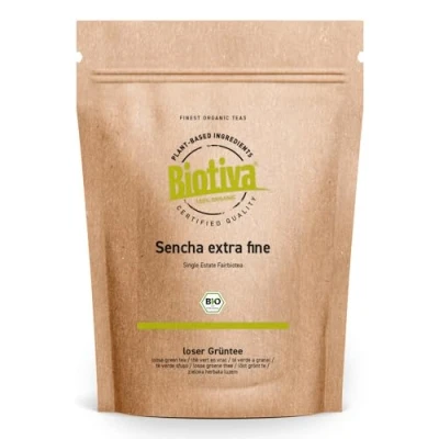 Imagen de Biotiva té verde sencha orgánico 250 g superior empaque DE almacenamiento para 100 tazas suave, ligeramente herboso, fino seco y floral certificado justo ÖKO 005