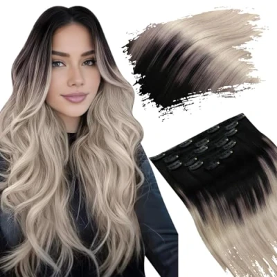 Imagen de Ugeat Clips Extensiones de Pelo 20 Pulgadas Clip 100G 8pcs Remy Hair Balayage Negro Natural a Rubio Ceniza con Platino #1B/18/60