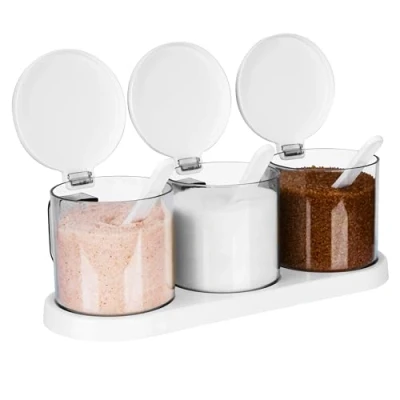Imagen de BELLE VOUS Set de Botes Cocina 3x Tarros Almacenaje Hermetico 400 ml Frascos Transparentes con Tapas Blancas y Cuchara para Especias Cafe Chuches Legumbres