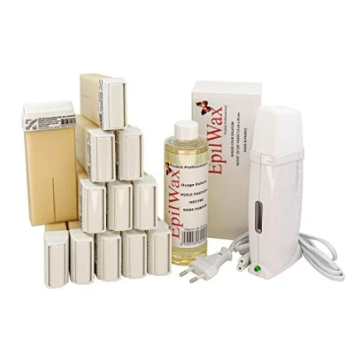 Imagen de EpilWax Royal Kit Depilatorio Completo con: Calentador de Cera Profesional 12 Roll On 100 ml Vanilla Tiras Depilatorias 250 Aceite para después depilación (Royal Series 12)