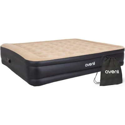 Imagen de AVENLI Colchón Indoor Hinchable High Raised Size 203 x 157 47 cm, Flocado Negro y Beige con Bomba eléctrica integrada Bolsa, Letto Queen