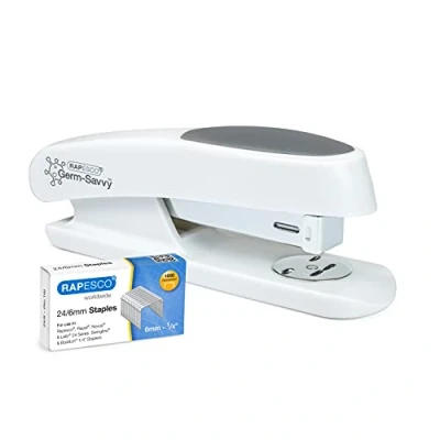 Imagen de Rapesco 1483 Germ Savvy Antibacteriano, ECO Sting Ray Grapadora y Caja de 1000 Grapas 24/6 mm, Grapa hasta 20 Hojas, Blanco Mate
