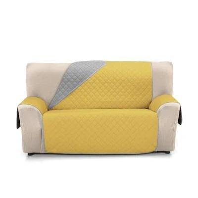 Imagen de S &amp; T Funda Sofa 3 Plazas Mostaza Cubre Reversible Sofá Protector Acolchado Antiácaros 100% Poliéster Fabricado en España