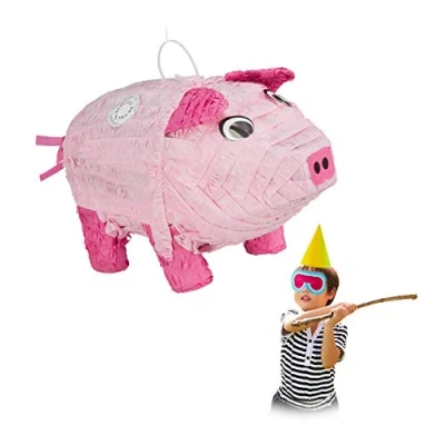 Imagen de Relaxdays Piñata Cerdo, para Colgar, Fiestas Cumpleaños Niñas, Cerdito, Rellenable con Chuches, de Papel, Rosa, Color, 1 Unidad (10031487)