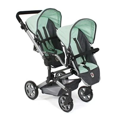 Imagen de Bayer Chic 2000 Cochecito de muñecas Linus Duo, Carrito Gemelos para niños 4 a 8 años, Melange Gris Oscuro, Menta, 690 67