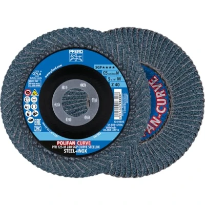 Imagen de PFERD Disco de láminas Polifan Curve, 2 unidades, diámetro 125 mm, ancho M (11 mm), Z40, SGP STEELOX 69398197 para el mecanizado preciso costuras empalme