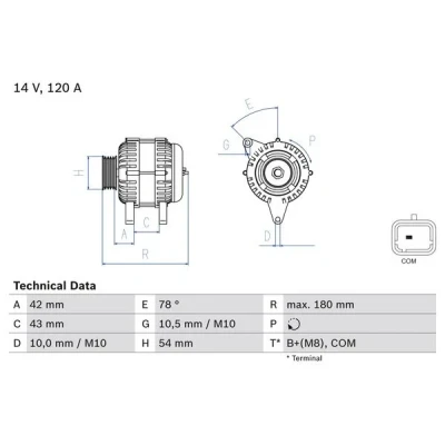 Imagen de BOSCH 0 986 083 800 Alternador 14V 120A PEUGEOT: 208 I Hatchback, 3008 I, 5008 CITROËN: Berlingo II, C4 II C Elysée Berlina