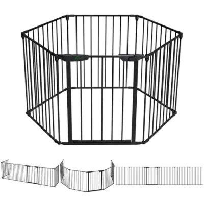 Imagen de VOUNOT Barrera de Seguridad Multifunción 6 Paneles, Rejilla Protección Metal para Chimenea Puertas Escaleras, Parque Recinto Perros Corralito Mascotas Valla Plegable, 74x375 cm, Negro