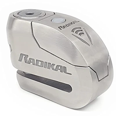 Imagen de RADIKAL RK14S Candado Moto Disco Premium Alarma 120dB ON/OFF Activación Opcional, Warning LED, Homologado SRA, Doble Cierre 14mm Acero Inoxidable, Cerradura Alta Seguridad Pinza Antirrobo Scooter