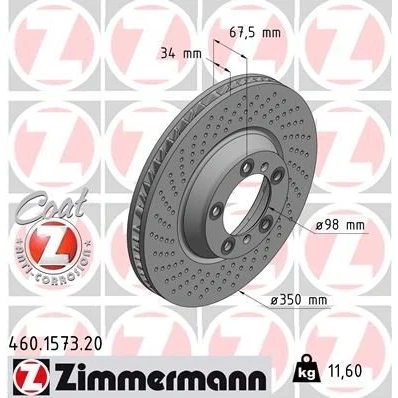 Imagen de ZIMMERMANN COAT Z 460.1573.20 Disco de freno 350 34 7/5 5 130 ventilación interna, perforado revestido altamente carbonizado PORSCHE: 911 Coupé