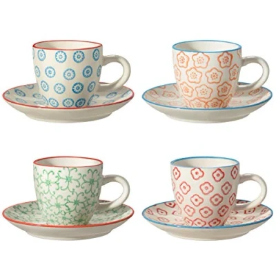 Imagen de Bloomingville Tazas de Café Espresso con platos Emma para espreso colores C: Ø 6 x H 5,5 cm, S: 11,5 azul naranja verde rojo, Cerámica, juego 4, Capacidad 80 ml