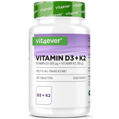 Imagen de Vitamina D3 20.000 I.U + K2 200 mcg Menaquinone MK7 Depot 180 Comprimidos 99.7+% All Trans Vegetariano Altamente dosificado