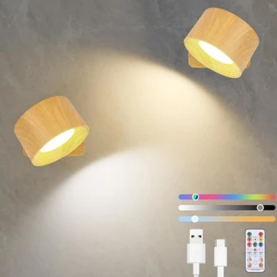 Imagen de Diealles Shine Aplique Pared Interior 2 Piezas, Lampara USB C Recargable, Apliques de Regulables, 360 Giratoria, Control Táctil y Mando a Distancia, 19 RGB colores (Color Madera)