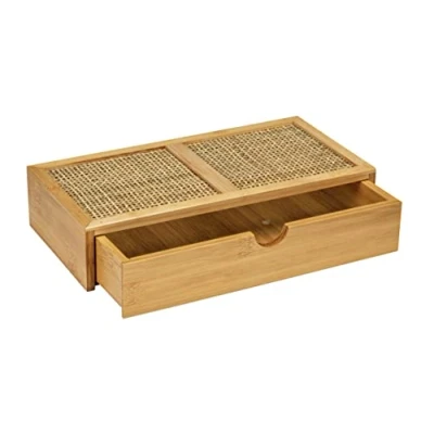 Imagen de WENKO caja para el baño Allegre, decorativa moderna, estilo Boho, de bambú y ratán trenzado calidad óptima, guardar forma práctica los utensilios del baño, 28 x 6 14 cm, natural