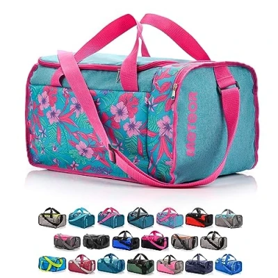 Imagen de Bolsa de Deporte Gimnasio Fitness Viaje Vacaciones Deportiva Bolso Universal con Bandolera plegada Ideal para jóvenes y Adultos, Hombre Mujer 20L 40L (Blue/Pink Flowers, 20 L)