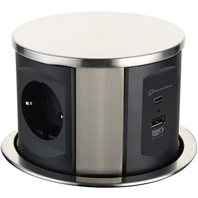 Imagen de Electraline enchufe retráctil/de sobremesa 62571, de 3 vías (2 USB 3.1 A: 1 tipo A + C 15,5 W, cable 2 m), integrado para encimera, múltiple, D 120 mm