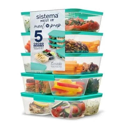 Imagen de Sistema NEST IT Recipientes para guardar comidas preparadas 1,9 l herméticos alimentos con compartimentos y tapa Sin plástico BPA Verde 5 unidades