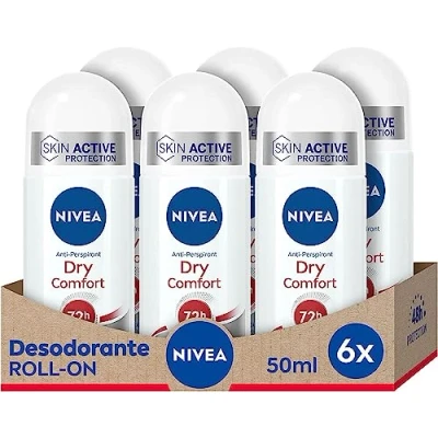 Imagen de NIVEA Dry Comfort roll on en pack de 6 (6 x 50 ml), desodorante antitranspirante con protección 72 horas, cuidado femenino testado la vida real