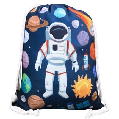 Imagen de HECKBO bolso de gimnasia para niños con motivos espaciales astronauta unisex Jardín infancia, guardería, viajes, deportes adecuado como bolsa gimnasia, mochila, juego (blanco)