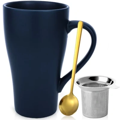 Imagen de Arawat taza grande 500ml de té con tapa y colador cerámica café cuchara platillo divertida regalo cumpleaños