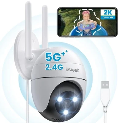 Imagen de ieGee 2K Cámara Vigilancia Exterior con 2,4G/5G WiFi, Detección de Humano, Seguimiento Automático, Visión Nocturna Color, Alarma Luz y Sonido, Grabación Continua, Compatible Alexa