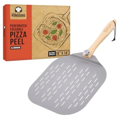 Imagen de Chef Pomodoro Pala Pizza Horno Larga, para de Aluminio con Tope Seguriddad y Mango Plegable Madera 10 cm Fácil Almacenamiento (Perforada 35,6 x 40,6 cm)