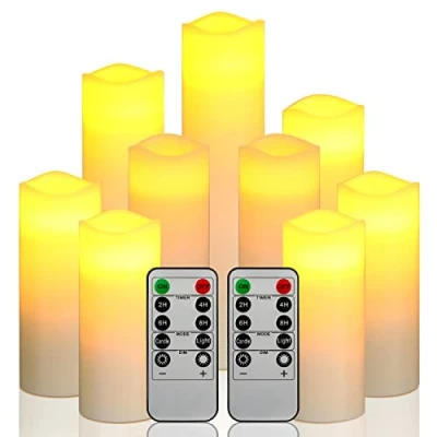 Imagen de Velas LED, Vela de la batería, Juego 9 (1 H 21.5cm, 1 H19.5cm, H17.5cm, 2 H15.5cm, H13.5cm, H12.5cm) Columna Cera verdadera Marfil con Control Remoto Temporizador.
